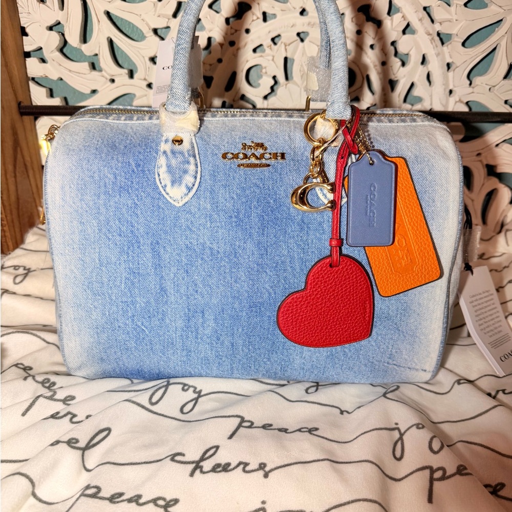Coach Rowan LARGE Satchel Bag in LOVED denim with CHARMS 💗 NWT